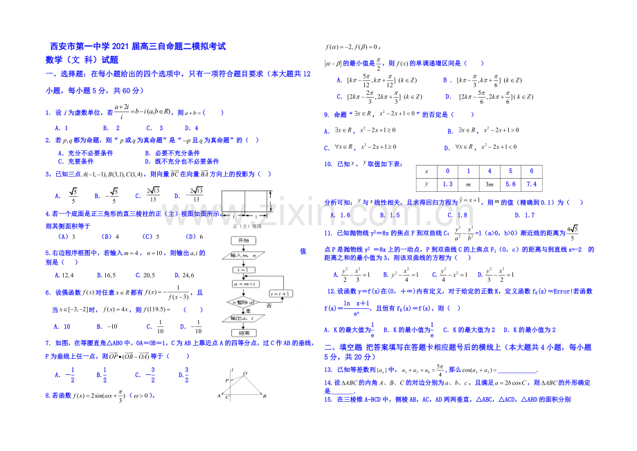 陕西省西安一中2021届高三下学期自主命题(二)数学(文科)-Word版含答案.docx_第1页