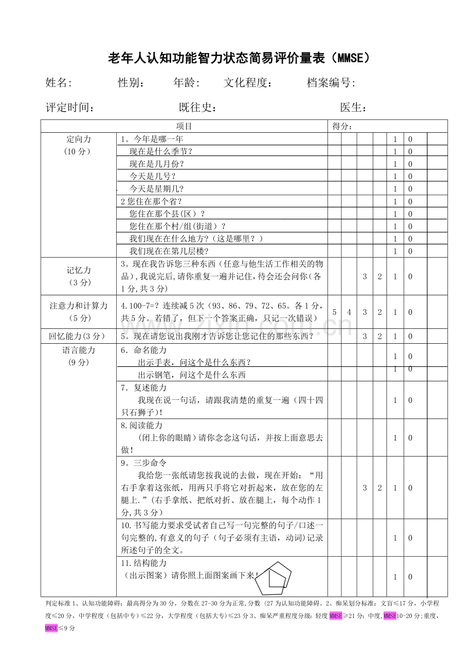 老年人认知功能智力状态简易评价量表(MMSE).doc_第1页