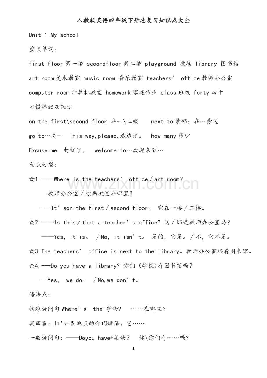 人教版英语四年级下册总复习知识点大全.docx_第1页
