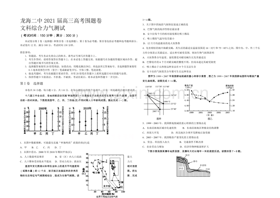 福建省龙海二中2021届高三高考围题卷文综-Word版含答案.docx_第1页