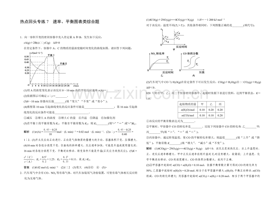 2021高考化学总复习(江西版)作业本：热点回头专练7-速率、平衡图表类综合题.docx_第1页
