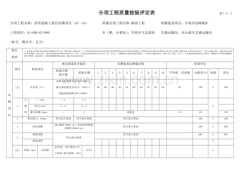 沥青面层评定表.docx_第1页