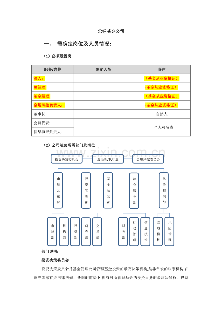 私募股权投资基金公司岗位及人员设定参考.docx_第1页