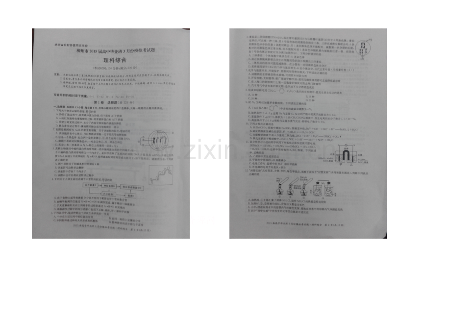 广西省柳州市2021届高中毕业班3月份模拟(梧州二模)考试理综试卷-扫描版含答案.docx_第1页