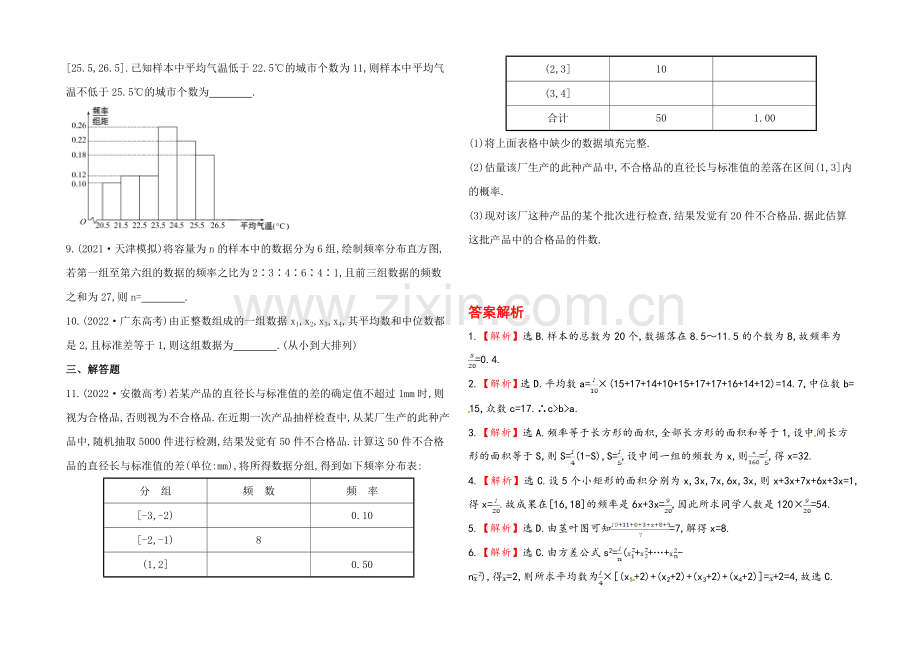 2020年人教A版数学理(广东用)课时作业：第九章-第三节用样本估计总体.docx_第2页