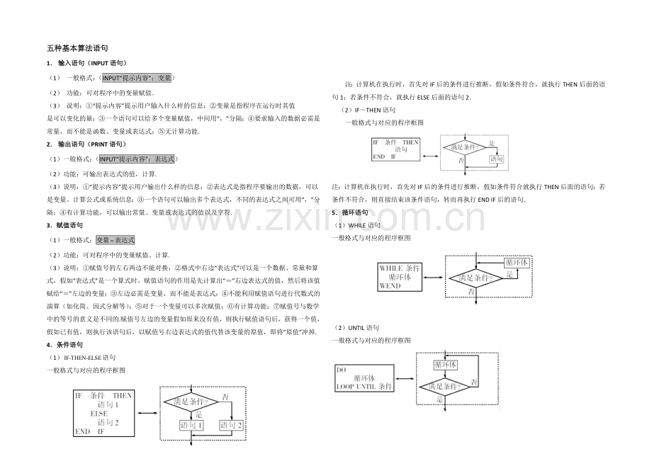 高中数学(北师大版)必修三学案：2.3-知识总结：五种基本算法语句.docx_第1页