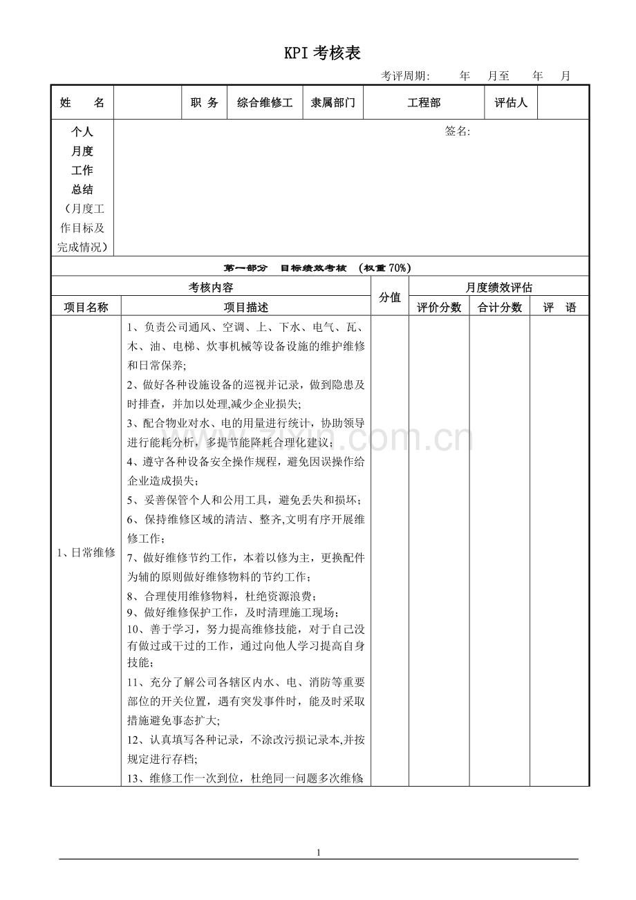 综合维修工考评表.doc_第1页