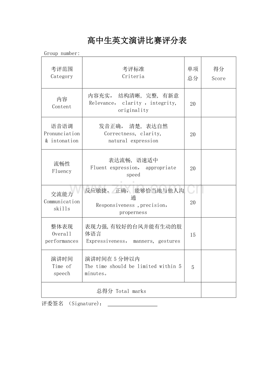 英文演讲比赛评分表(中英文).doc_第1页