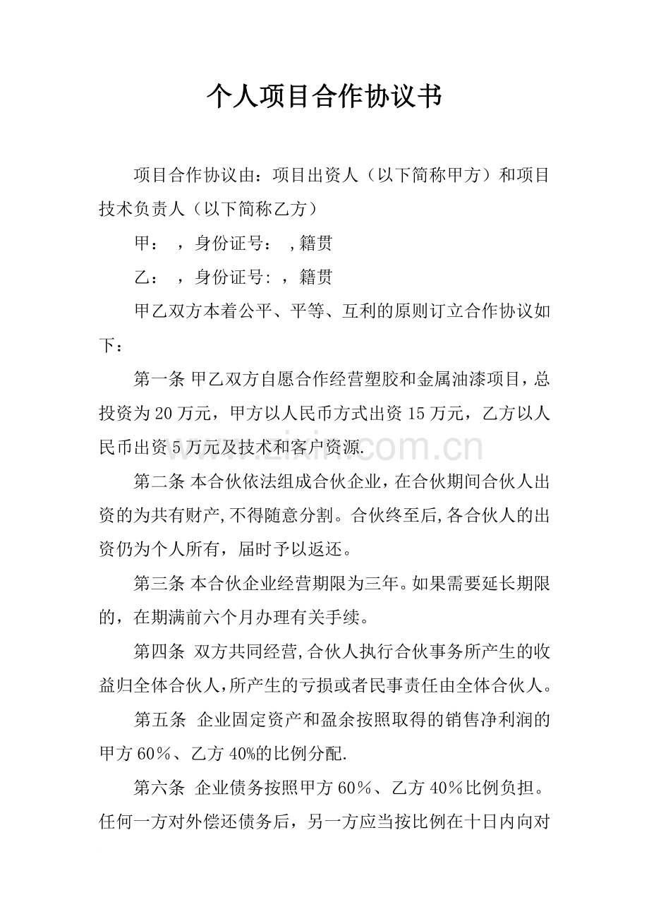 个人项目合作协议书.docx_第1页