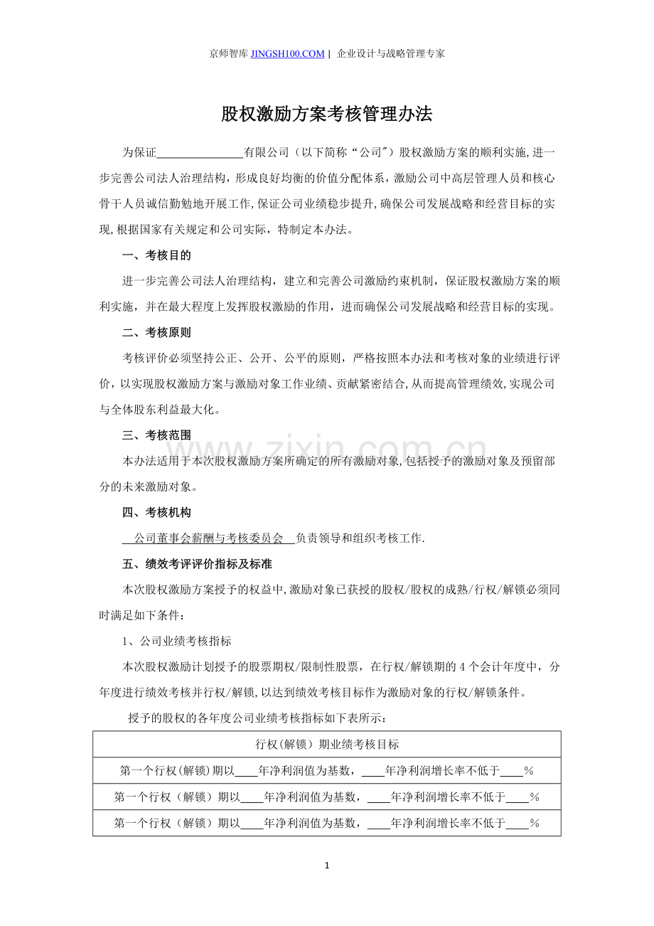 京师智库黄子.-股权激励方案考核管理办法.股权激励配套文件.docx_第1页