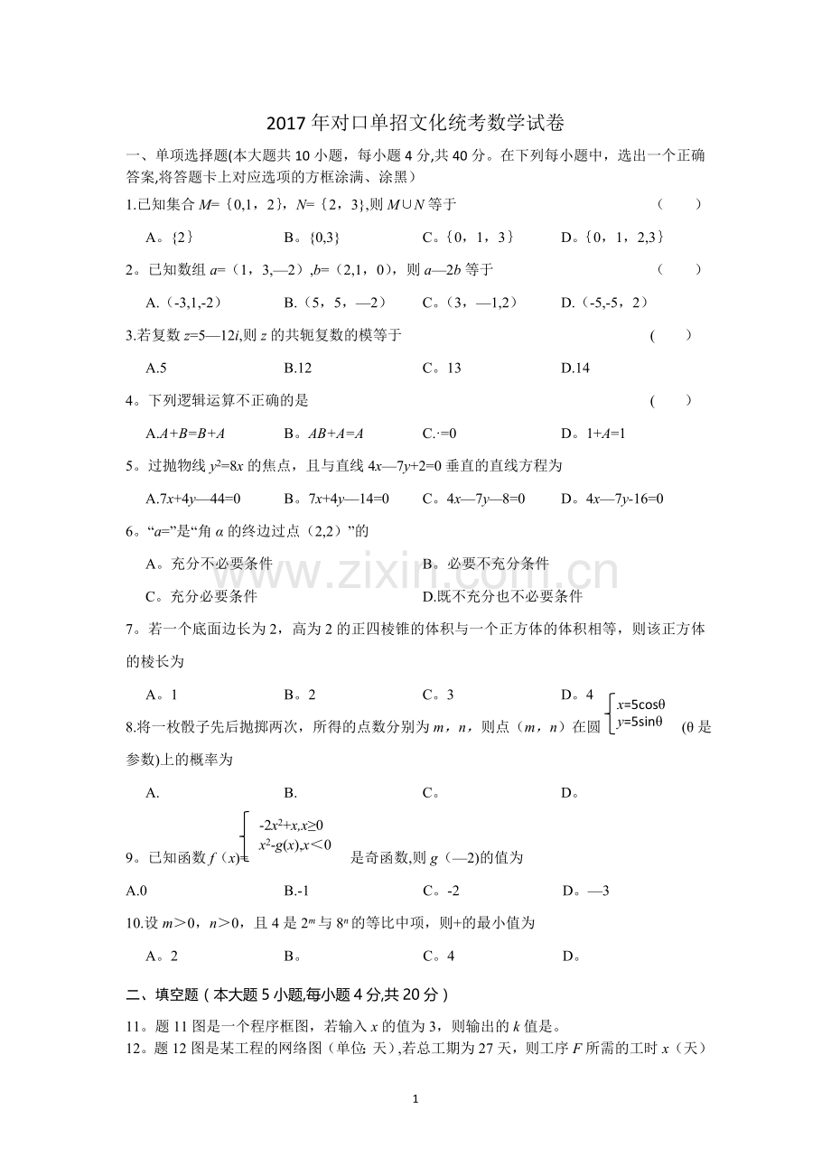 江苏省2017年对口单招数学试卷.doc_第1页