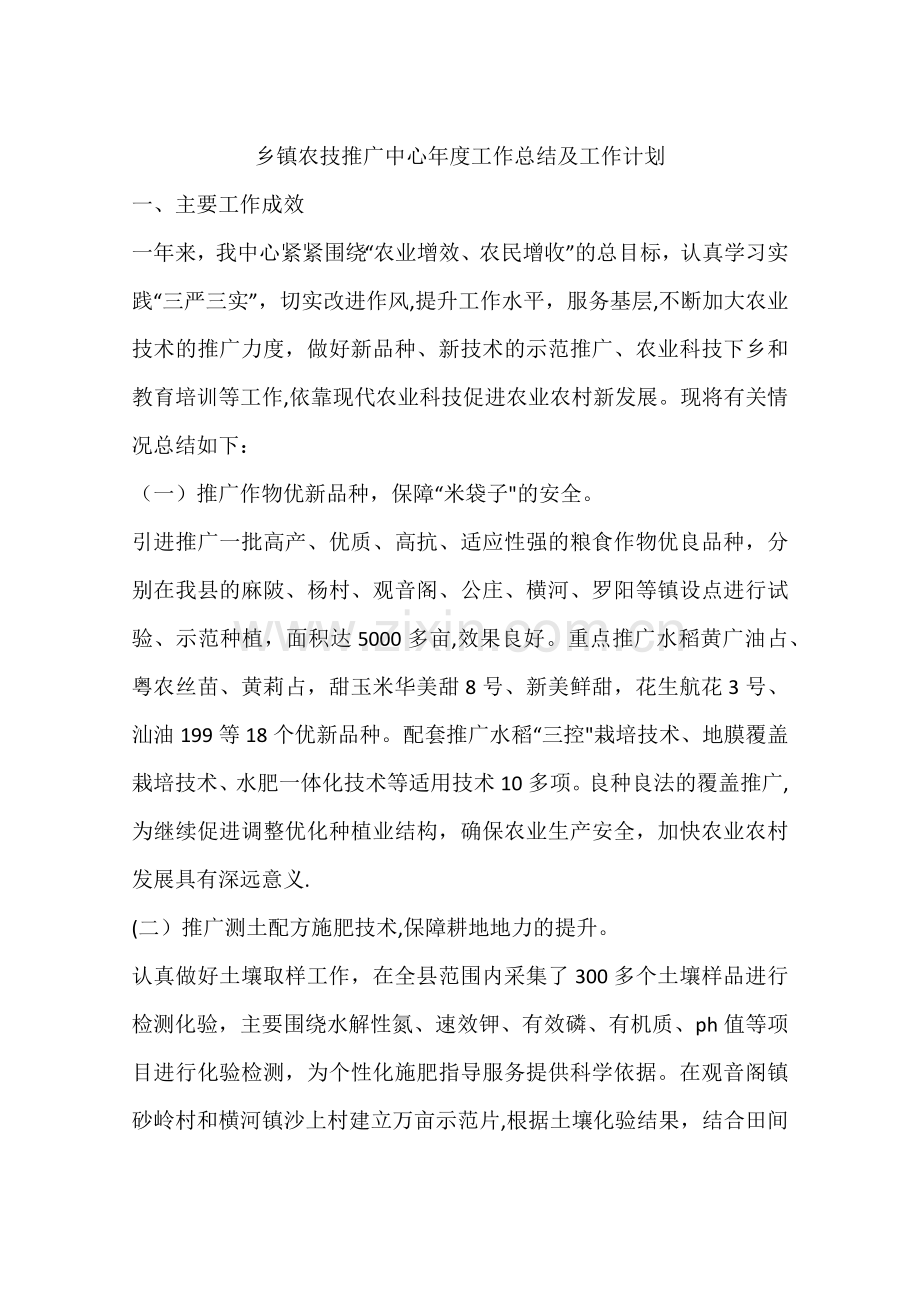 乡镇农技推广中心年度工作总结及工作计划.docx_第1页