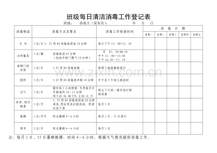 幼儿园班级每日清洁消毒工作登记表.doc_第1页