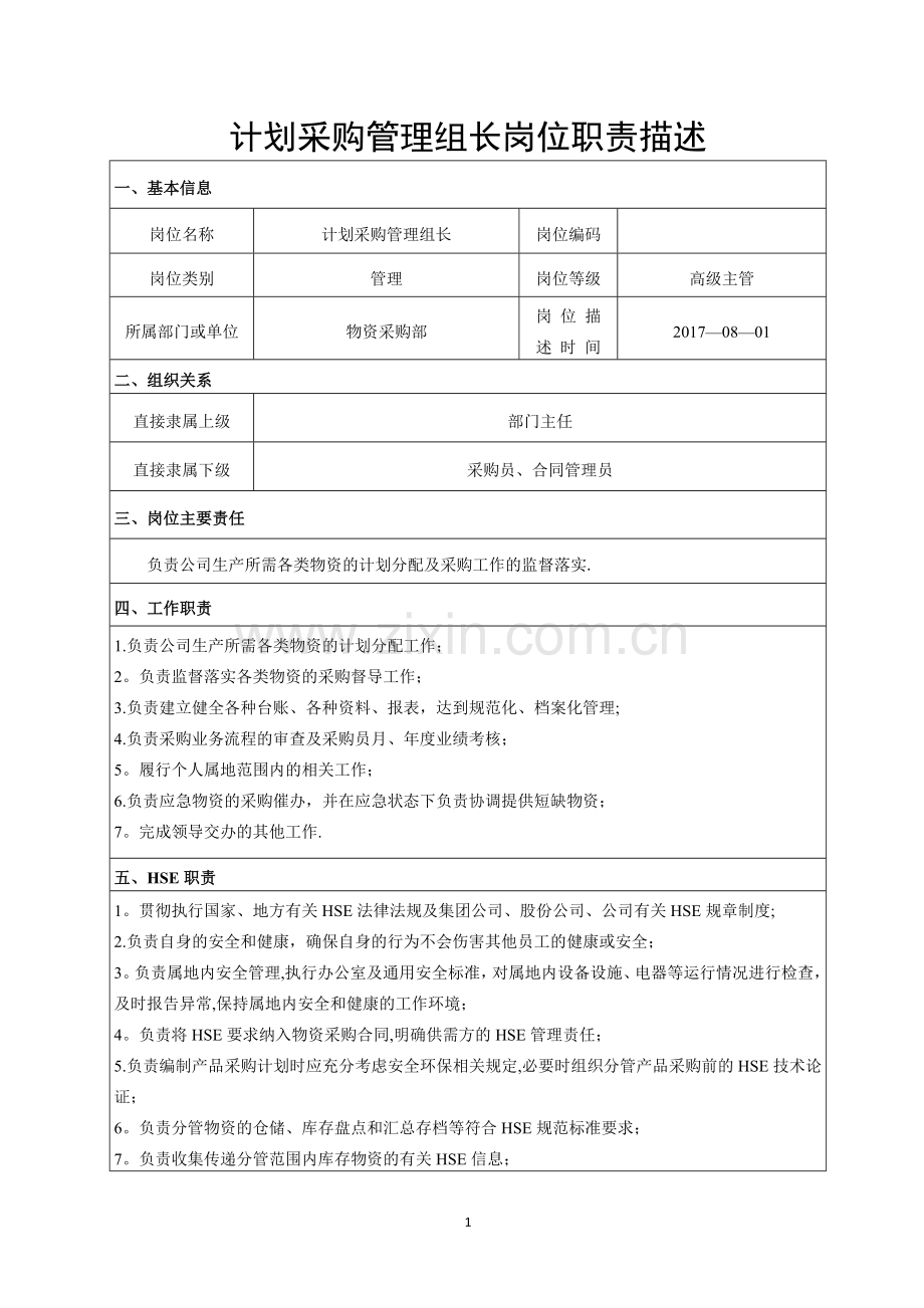 计划采购管理岗位职责描述.doc_第1页