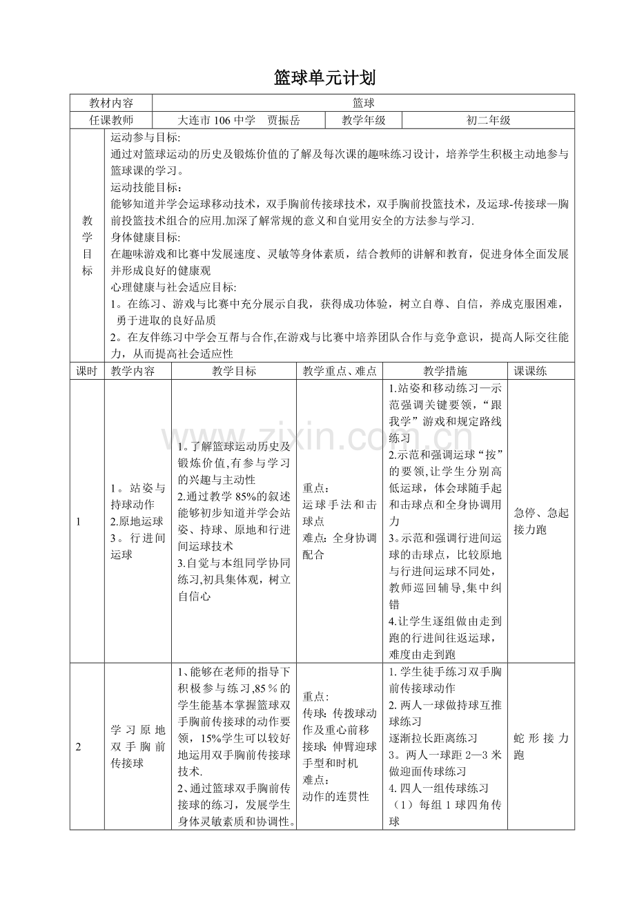 篮球——双手胸前传接球-课时计划+单元计划.doc_第1页