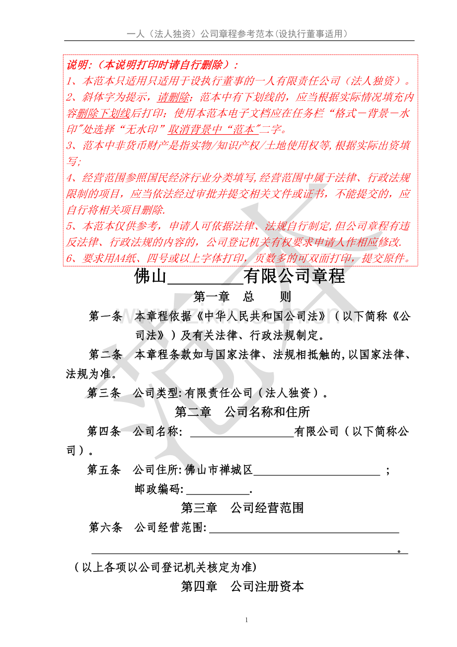 一人(法人独资)公司章程参考范本(设执行董事适用)..doc_第1页