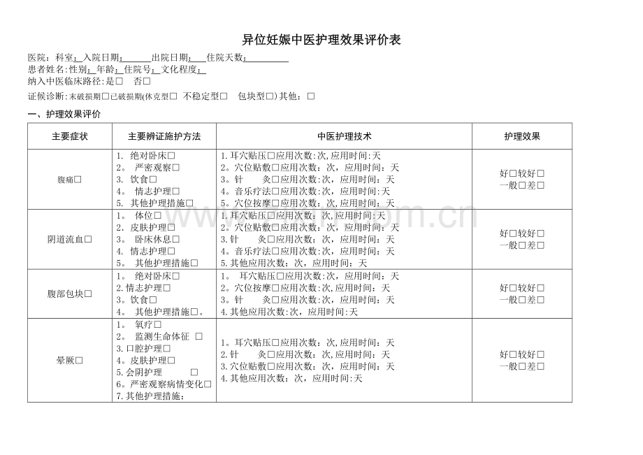 异位妊娠中医护理效果评价表.doc_第1页