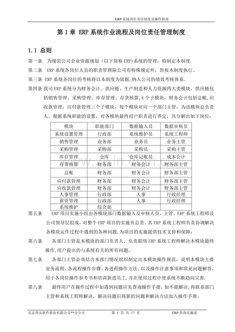 用友ERP系统岗位职责说明及操作指南DOC.doc_第1页