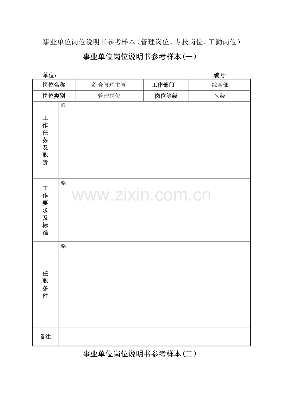 事业单位岗位说明书参考样本管理岗位专技岗位工勤岗位.doc_第1页