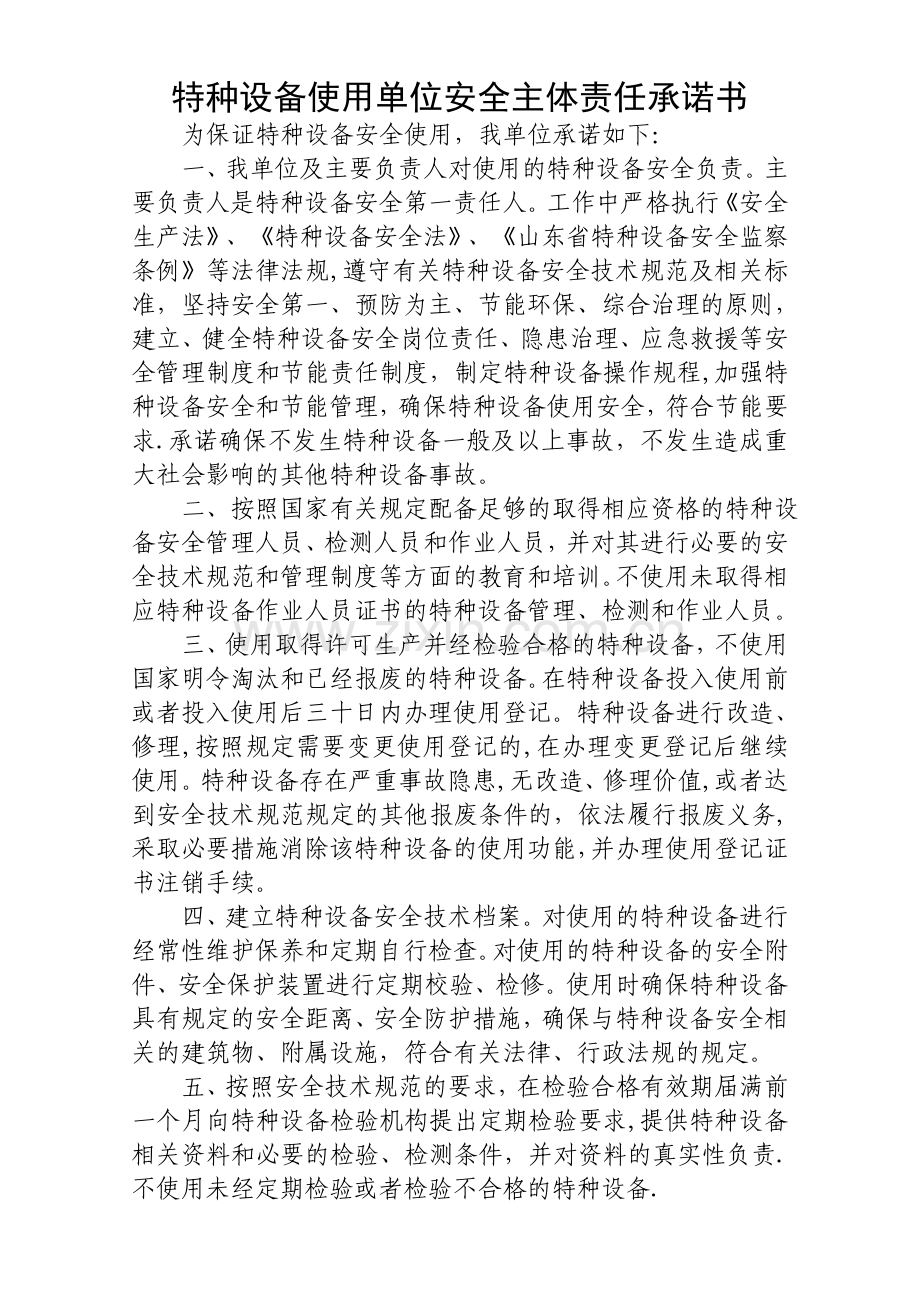 特种设备使用单位安全主体责任承诺书.doc_第1页