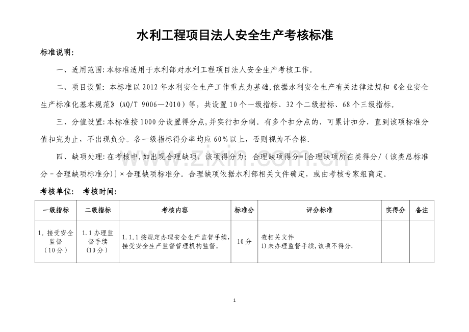 水利工程项目法人安全生产考核标准.doc_第1页