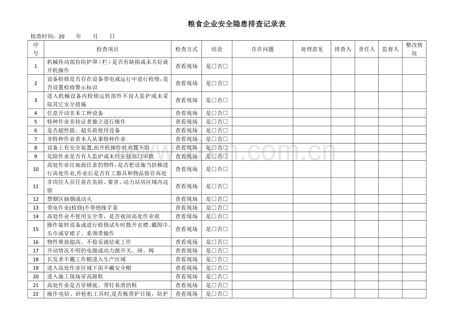 粮食企业安全隐患排查记录表.doc_第1页