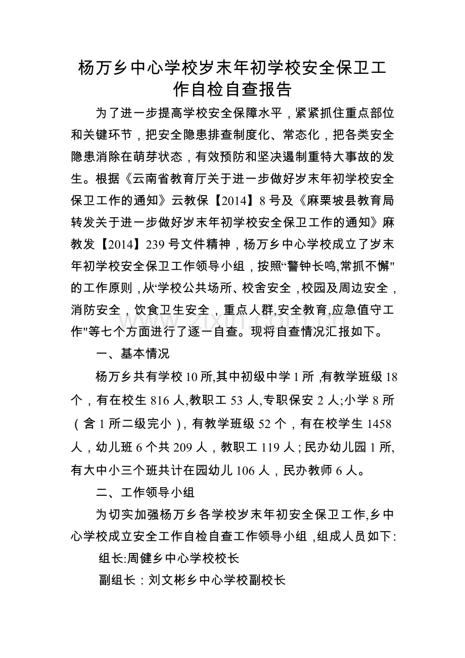 杨万乡中心学校岁末年初学校安全保卫工作自检自查报告.doc_第1页
