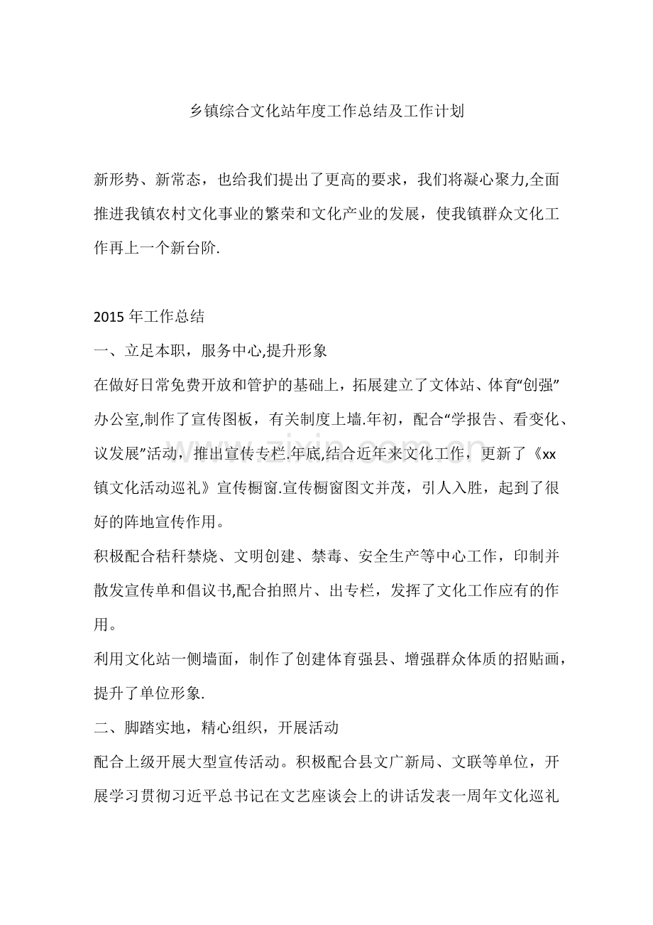 乡镇综合文化站年度工作总结及工作计划.docx_第1页