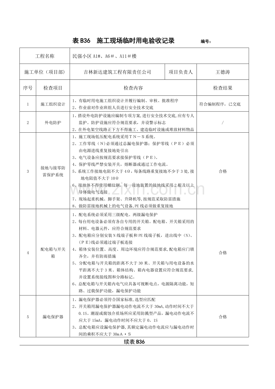 表B36-施工现场临时用电验收记录(新).doc_第1页