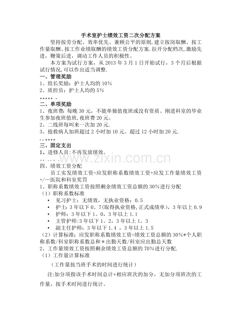 手术室护士绩效二次分配方案模板.doc_第1页