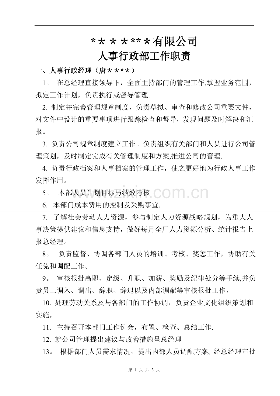 人事行政部工作职责.doc_第1页