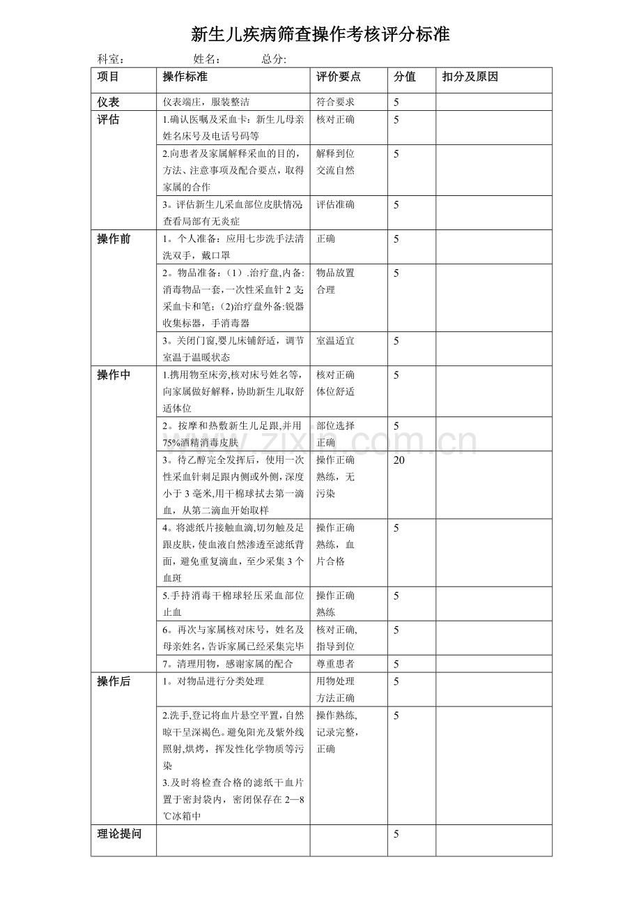 新生儿疾病筛查操作考核评分标准.doc_第1页