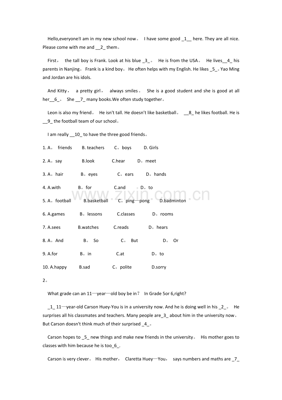 七年级上册英语完形填空试题及答案.docx_第1页