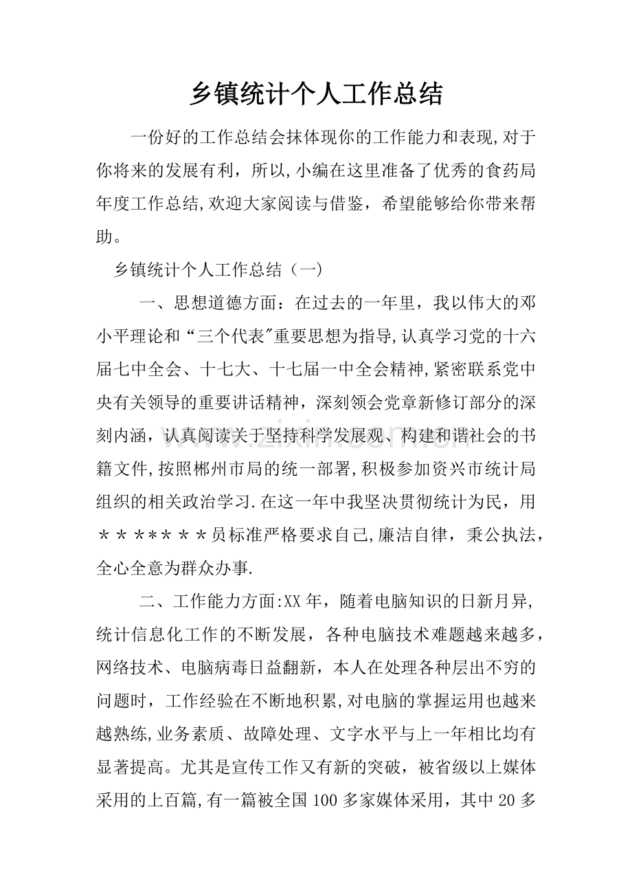 乡镇统计个人工作总结.docx_第1页