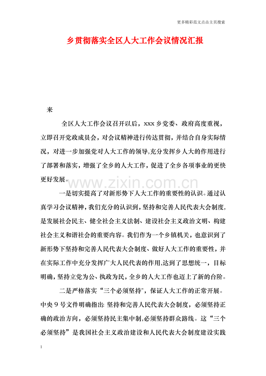 乡贯彻落实全区人大工作会议情况汇报.doc_第1页