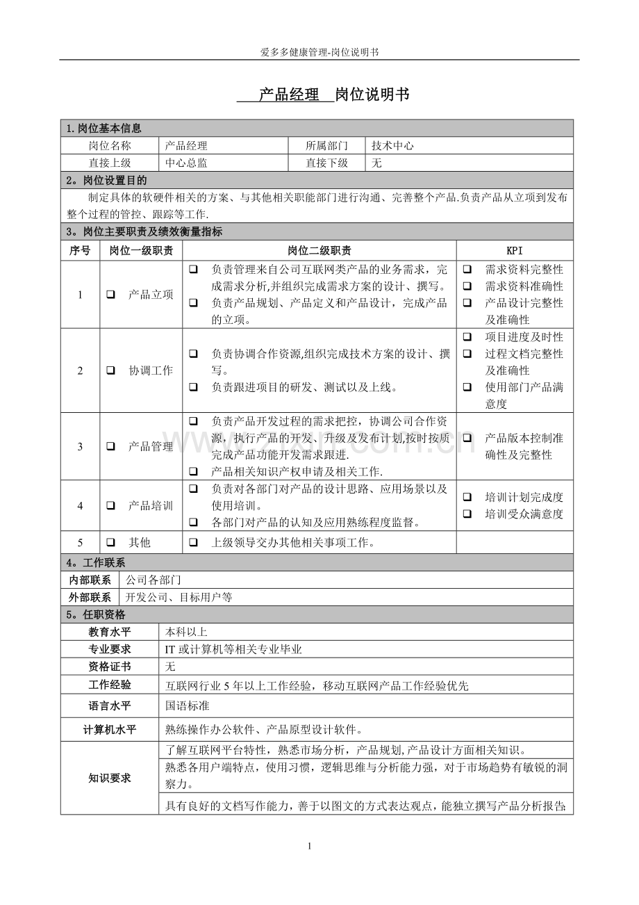 产品经理-岗位职责说明书.doc_第1页