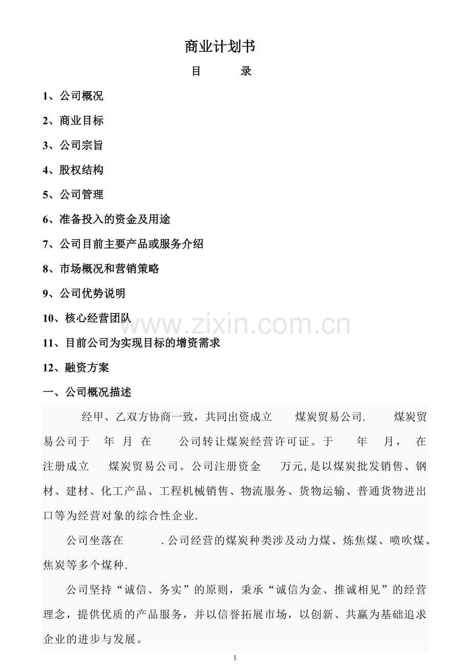 煤炭贸易公司商业计划书.doc_第1页