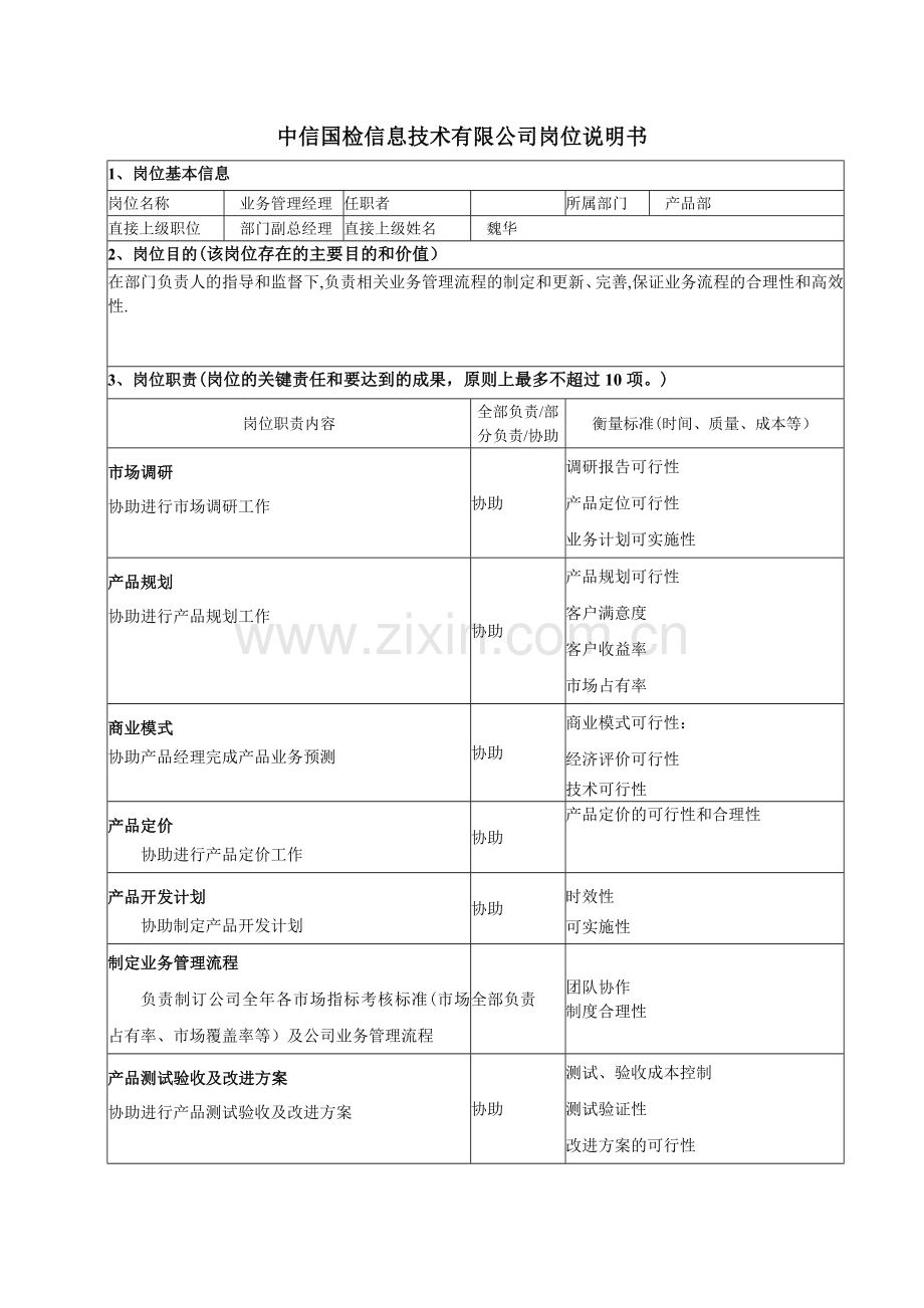 业务管理经理岗位说明书.doc_第1页