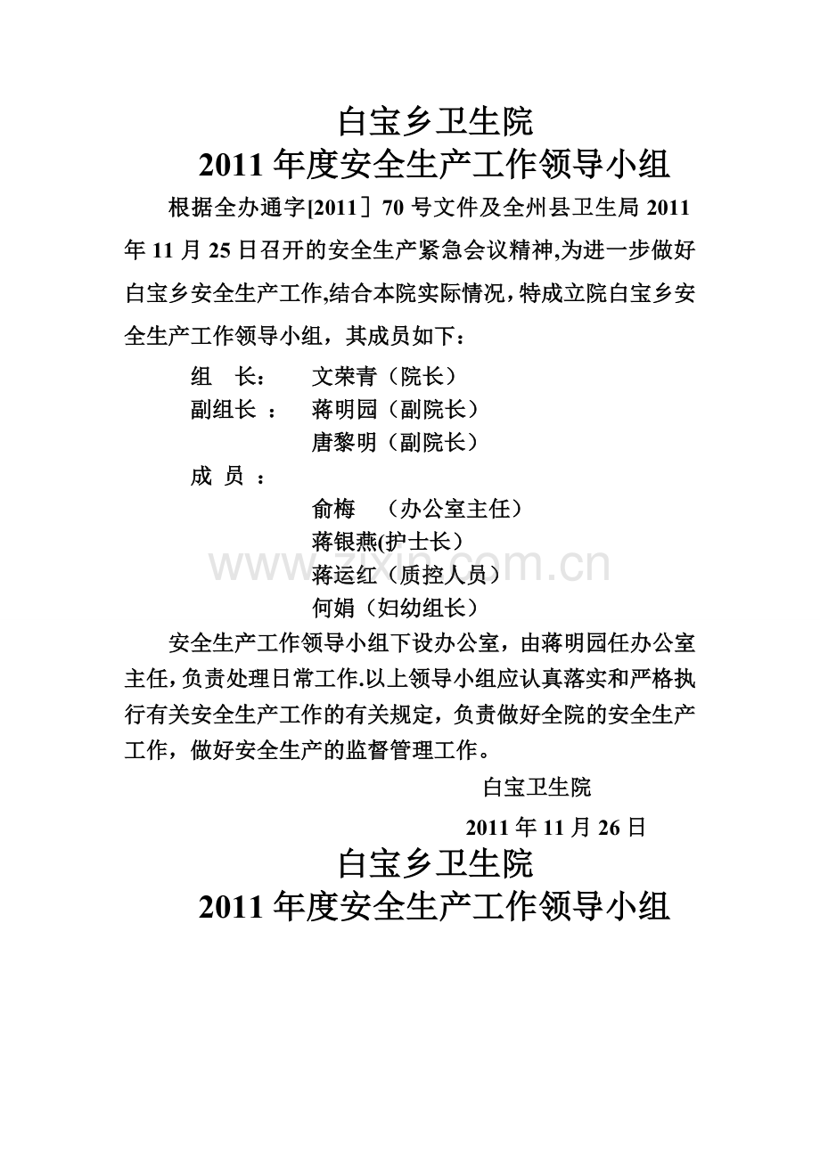 白宝卫生院安全生产工作领导小组.doc_第1页