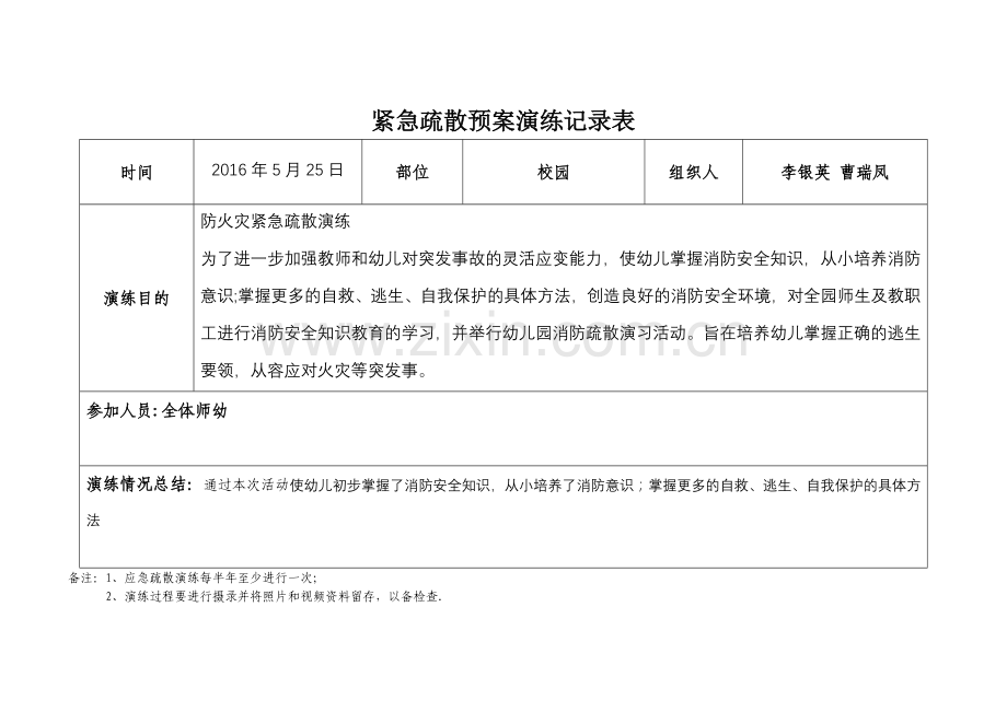 紧急疏散预案演练好活动记录表.doc_第1页