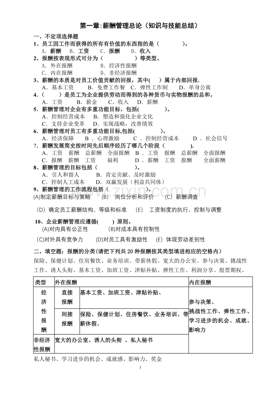 薪酬管理各章知识技能总结.doc_第1页