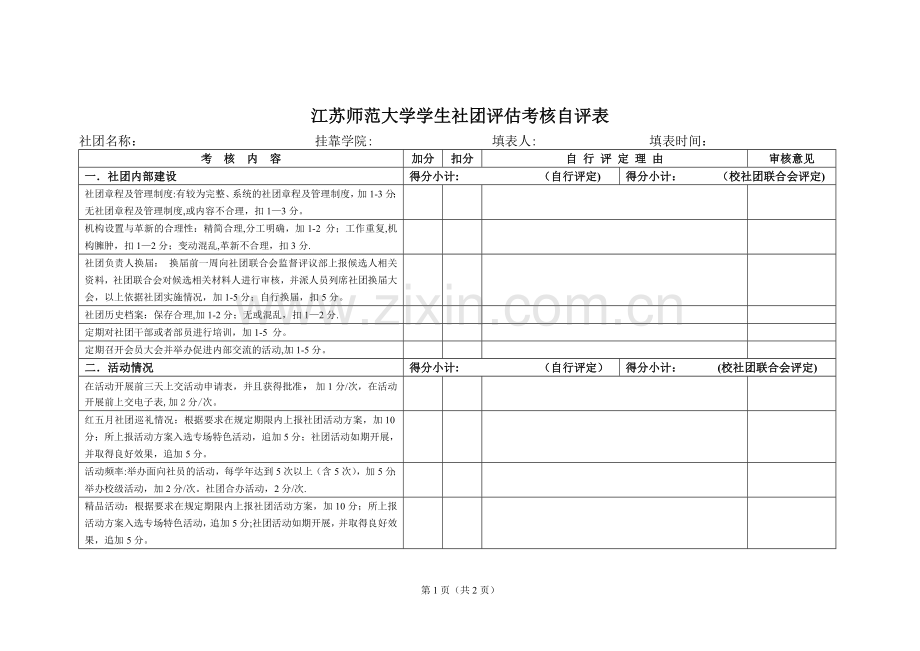 江苏师范大学学生社团考核自评表.doc_第1页