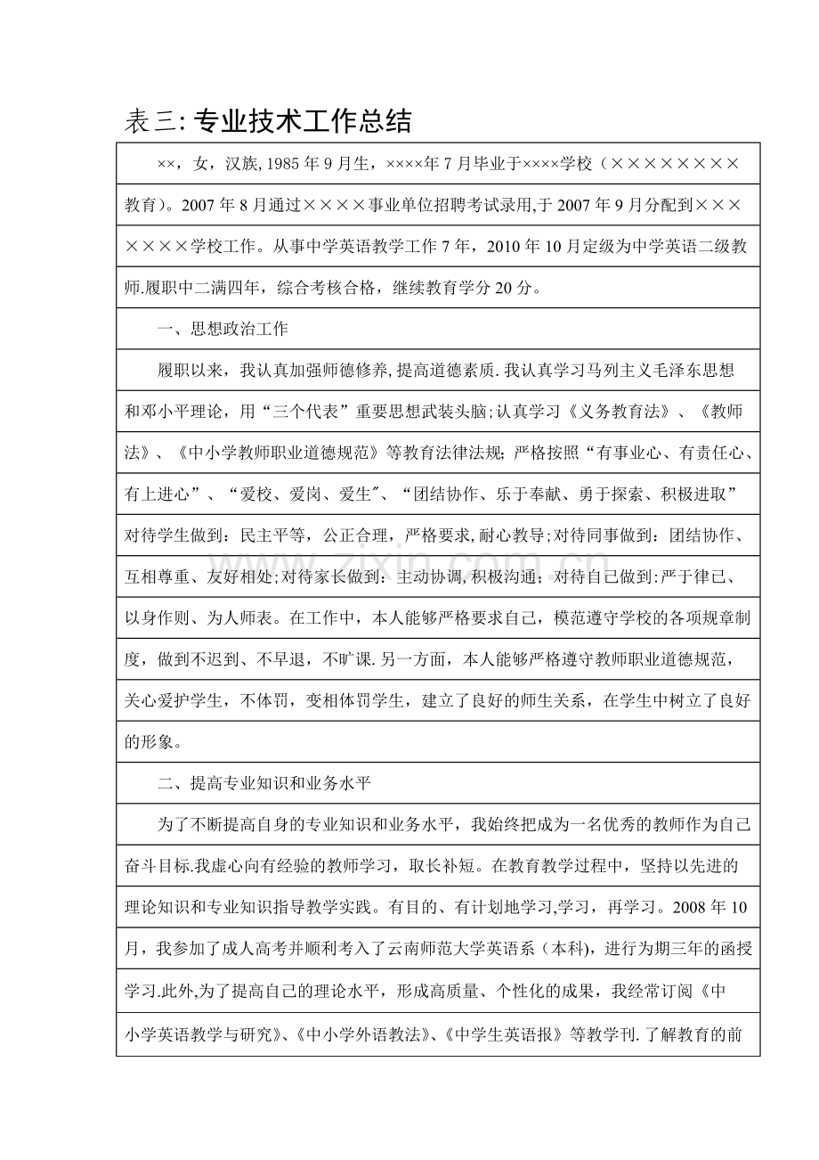 中高、中一英语专业技术工作总结.docx_第1页