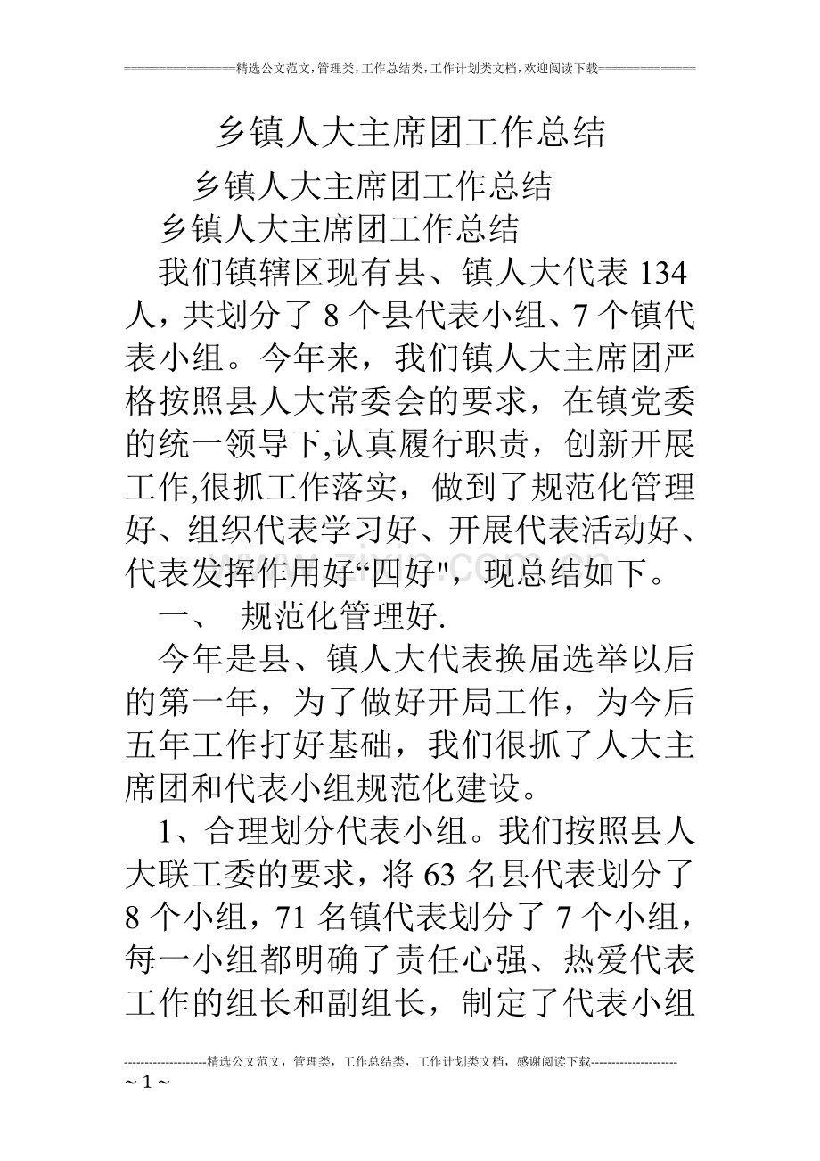 乡镇人大主席团工作总结.doc_第1页