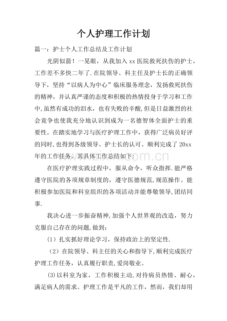 个人护理工作计划.docx_第1页