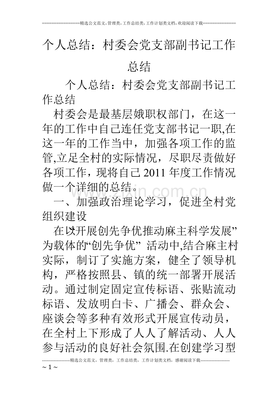 个人总结：村委会党支部副书记工作总结.doc_第1页