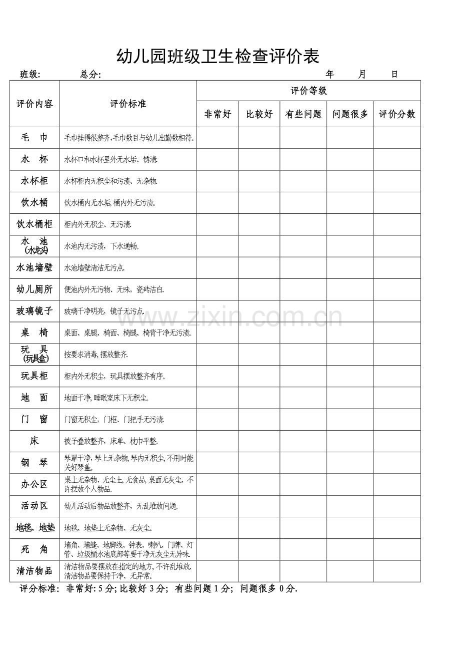 幼儿园班级卫生检查评价表.doc_第1页