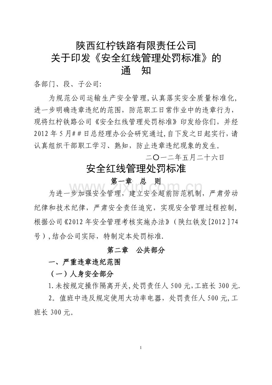 安全红线管理处罚标准.doc_第1页
