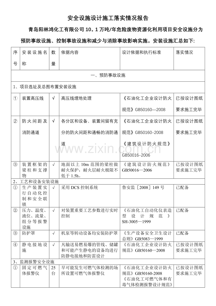 施工过程中安全设施设计落实情况的报告.doc_第1页