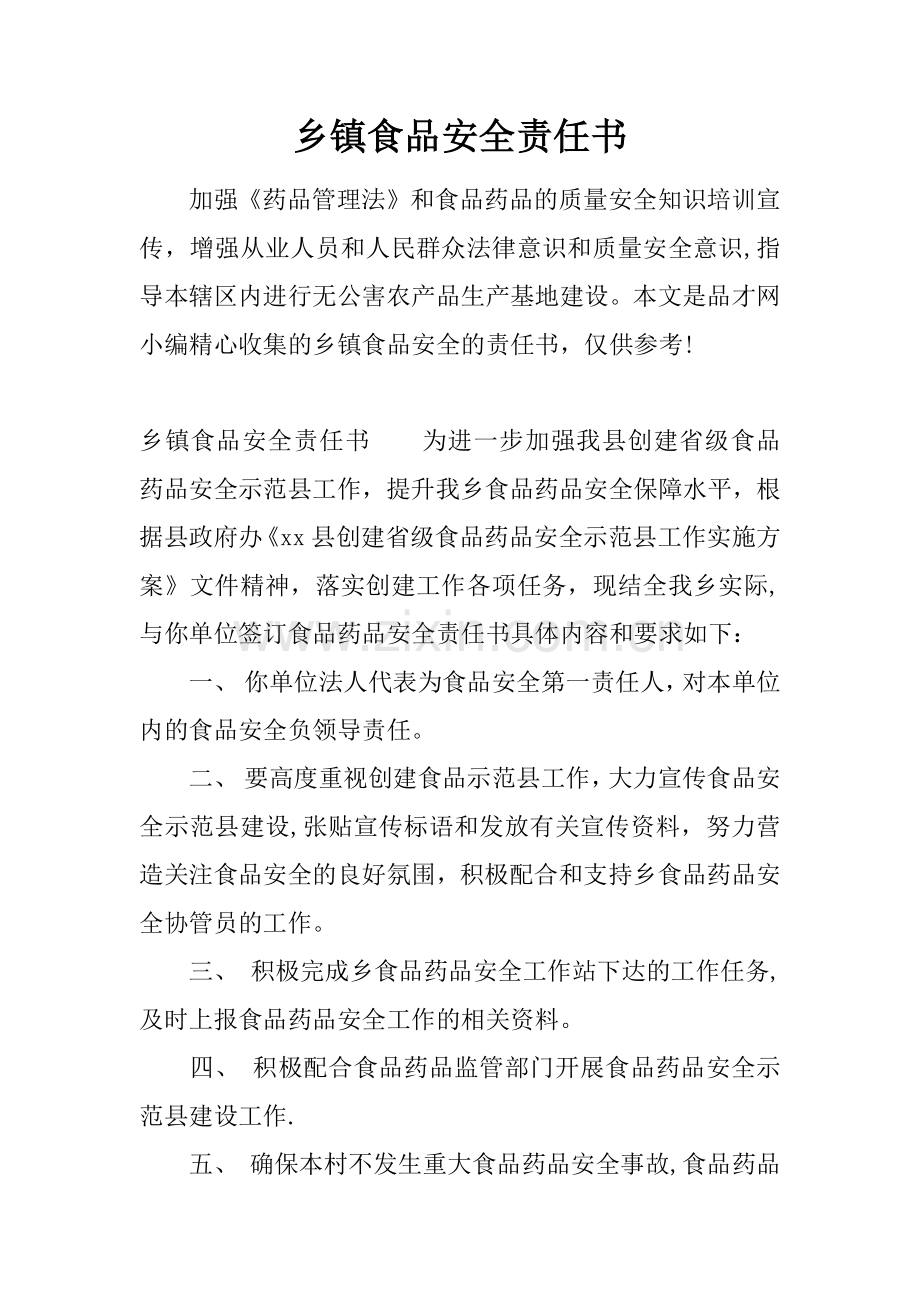 乡镇食品安全责任书.docx_第1页